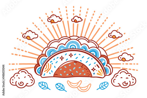 A taco shell with ingredients arranged like a soft, cloud-like sunset burst inside