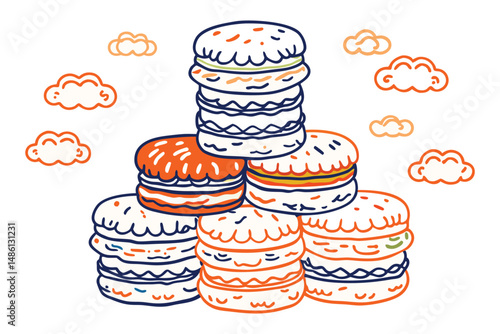 A tower of pastel macarons stacked like clouds, with soft icing overflow