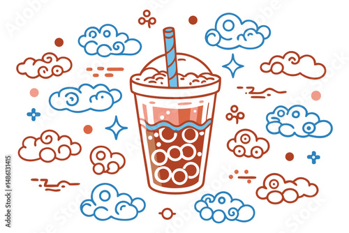 Boba pearls with a cloudy froth top, floating in milk tea clouds with long, soft bubble trails