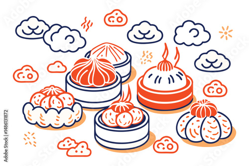 Dumplings and buns with puffy, round bodies and steam clouds integrated into the design