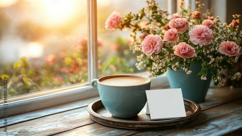 Sunrise coffee and flowers by the window Sunrise coffee and flowers by the window