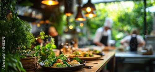 Fototapeta Naklejka Na Ścianę i Meble -  Delicious Gourmet Meal in a Lush Green Restaurant