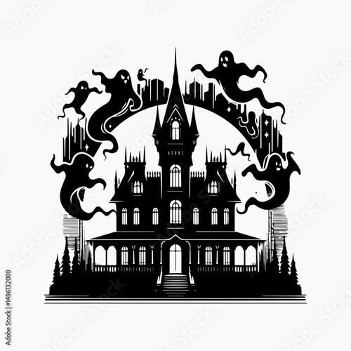 Gothic haunted castle silhouette vector art with spectral ghosts under full moonlight Halloween design