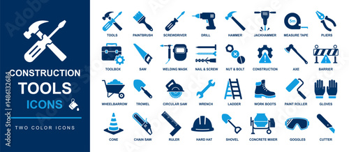 Construction tools icon set. service and building tools icon set including toolbox, hammer, pliers, screwdriver, drill, shovel, concrete mixer, paintbrush, wrench, saw etc. construction signs.  
