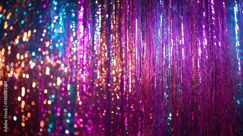 Tinsel festive curtain in blue and purple colors background.