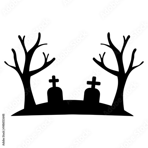 Spooky Cemetery Silhouette with Bare Trees for Halloween Decoration Design