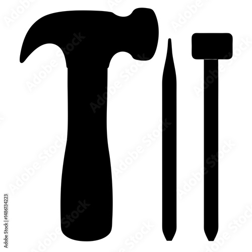 Silhouette of hammer, nail set, and nail representing carpentry construction tools