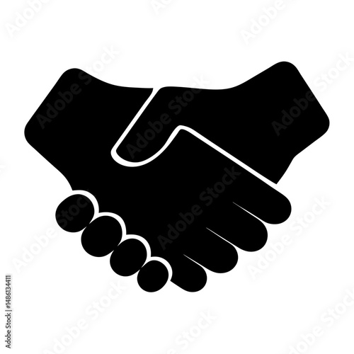 Graphic illustration depicting a stylized black handshake on a white background