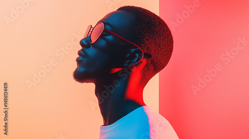 Man in sunglasses under vibrant lighting