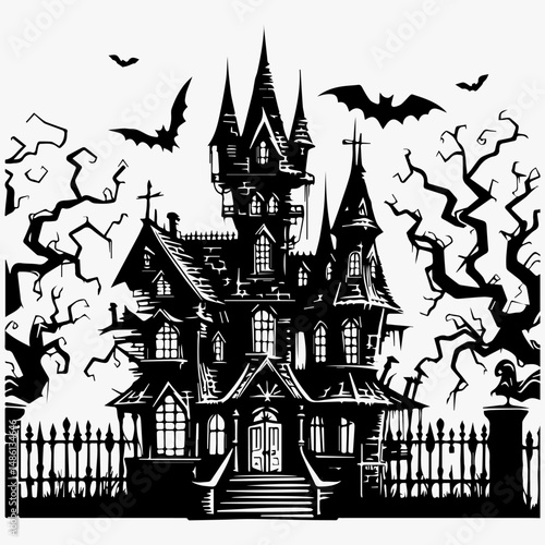 Vector silhouette of haunted mansion with twisted trees and graveyard under ominous white sky Halloween

