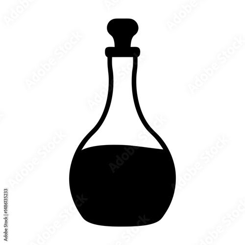 A black and white drawing of an antique glass bottle filled up