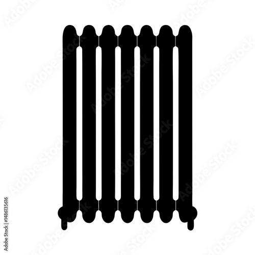 Illustration of a traditional cast iron radiator with rounded sections, black and white