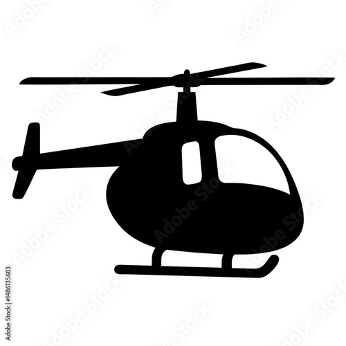 Silhouette of a helicopter with spinning blades and landing skids in black