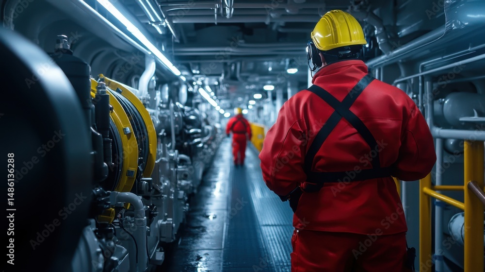 custom made wallpaper toronto digitalIndustrial Worker in Red Coveralls Walking in Engine Room of Modern Vessel