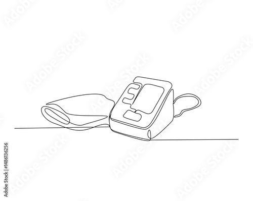 Digital medical blood pressure monitor outline illustration. Continuous line drawing of medical blood pressure equipment.