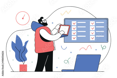 Bearded man reviews a digital checklist against his laptop in an abstract office space