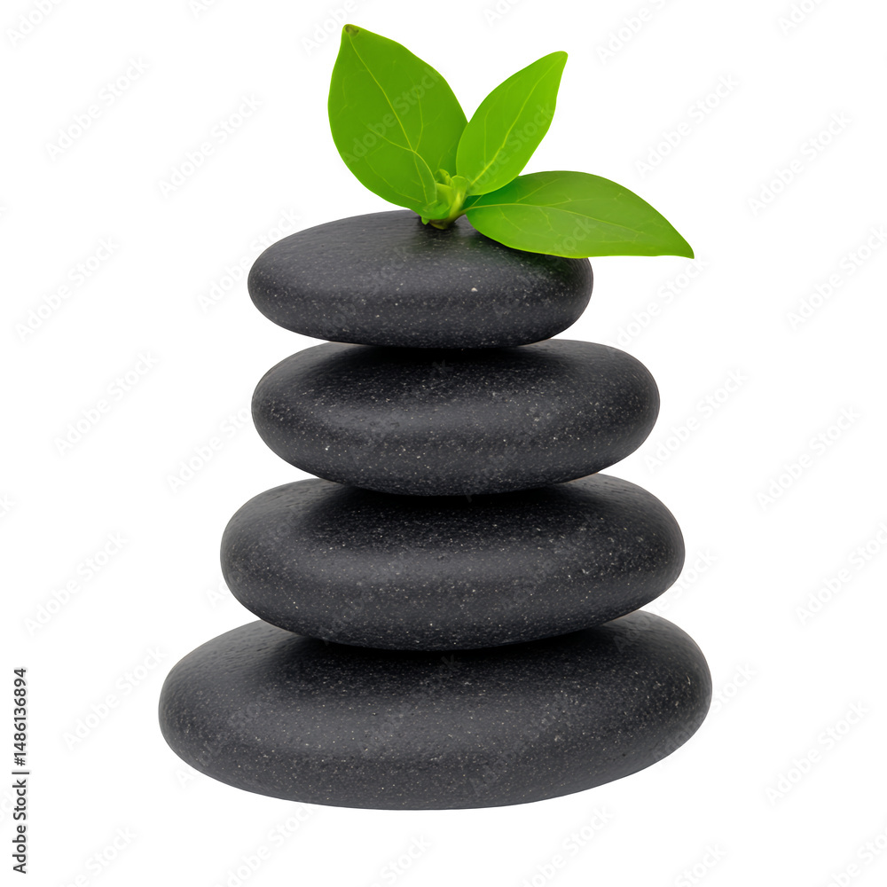 Stack of dark gray stones with three vibrant green leaves on top against a transparent background. Image evokes serenity and balance. Stack of dark gray stones with three vibrant green leaves on top against a transparent background. Image evokes serenity and balance.