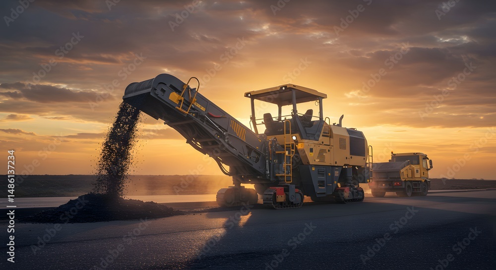 Asphalt Milling Machine Working at Sunset Road Construction Asphalt Milling Machine Working at Sunset Road Construction