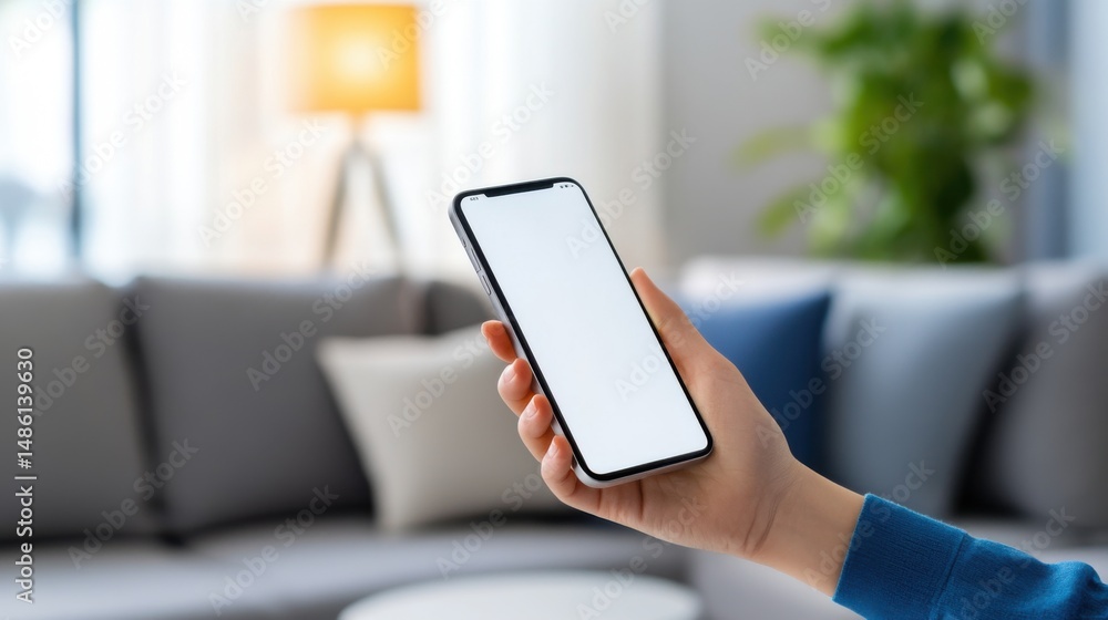 Fototapeta premium Hand Holding Smartphone with Blank Screen in Modern Living Room Setting