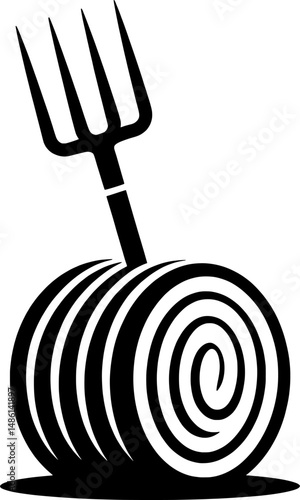 a bold black silhouette of a pitchfork piercing a round hay bale with thick clean lines