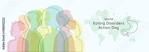 World Eating Disorders Action Day banner template. Silhouettes of various people, world map and stomach. Flat style minimalist background, poster, card.