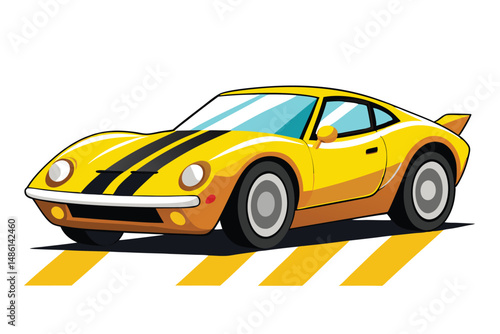 Bright yellow cartoon sportscar with black racing stripes sits on matching striped ground
