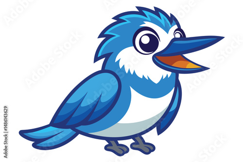 Cartoon blue jay spreads its wings, opening its beak on a clean background