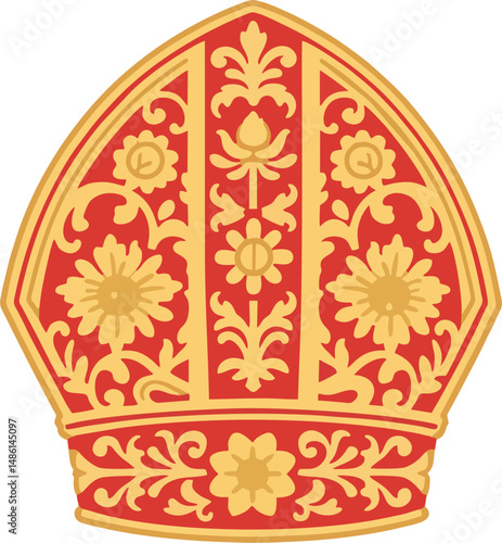 Flat Vector Illustration of Papal Mitre with Gold Floral Pattern on Red – Catholic Bishop Hat Clipart for Religious and Ecclesiastical Design