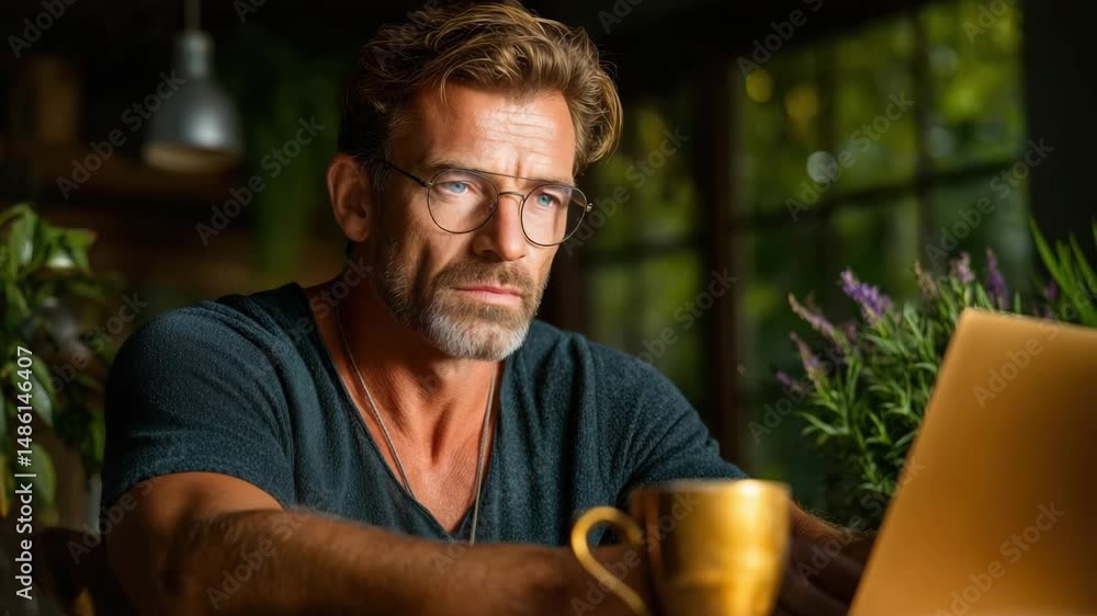 A thoughtful man with glasses sits at a desk with a laptop and coffee mug, surrounded by plants and natural light. A thoughtful man with glasses sits at a desk with a laptop and coffee mug, surrounded by plants and natural light.