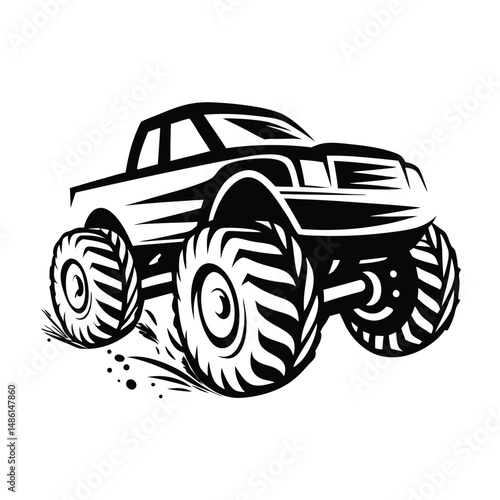 Stylized Monster Truck with Oversized Tires and Splash Effects. Black/White