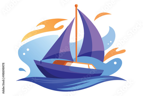 Cartoon purple sailboat navigates ocean waves with light blue abstract sky swirls art