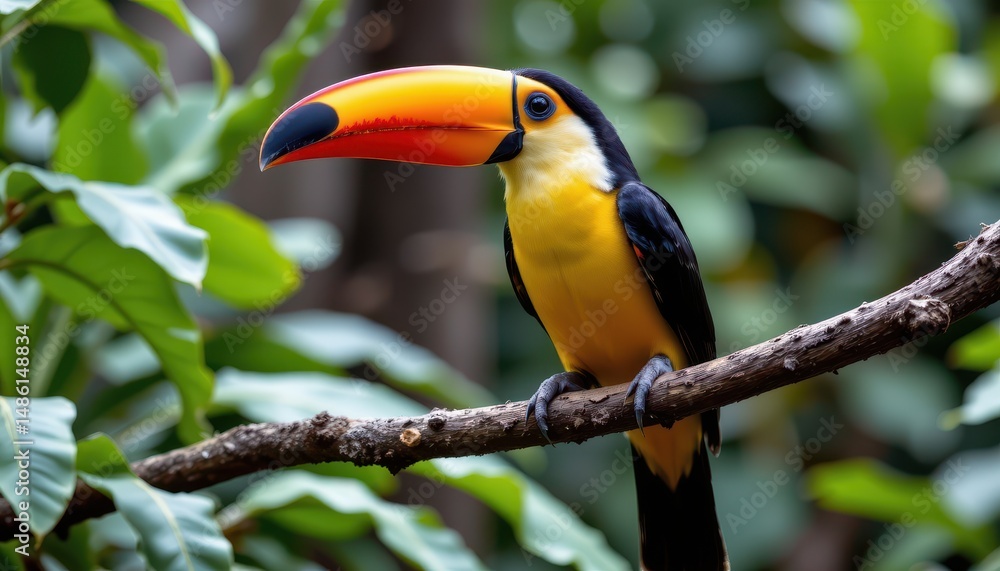 a vividly colored toucan perched confidently on a branch against a backdrop of lush greenery. a vividly colored toucan perched confidently on a branch against a backdrop of lush greenery.