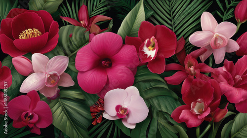 Wallpaper Mural Vibrant floral arrangement showcasing a rich tapestry of red, pink, and white blossoms against a backdrop of lush green leaves in a dark tropical setting. Torontodigital.ca
