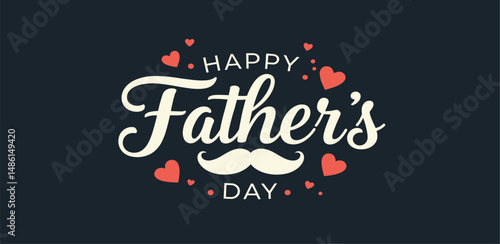 Happy Father's Day typography vector with handwritten calligraphy, mustache and pink hearts – Elegant lettering design isolated on transparent background