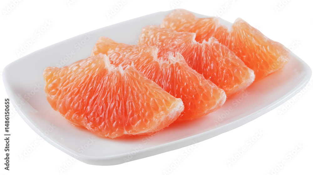 Close-up of peeled grapefruit segments, neatly arranged on a white plate. isolated on white background Close-up of peeled grapefruit segments, neatly arranged on a white plate. isolated on white background