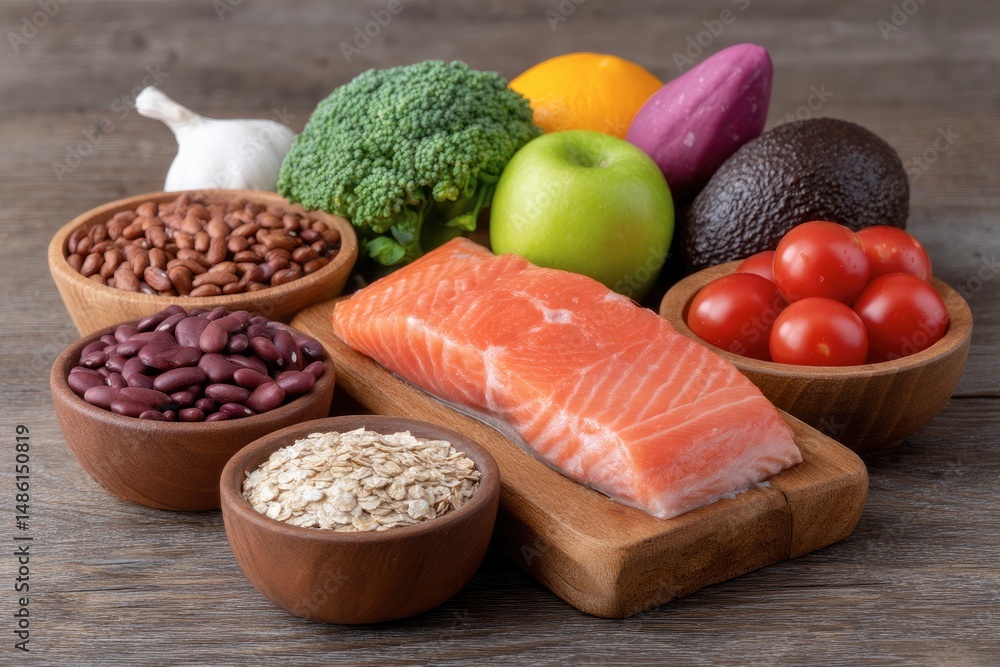Healthy Food Arrangement with Salmon, Fruits and Vegetables Healthy Food Arrangement with Salmon, Fruits and Vegetables