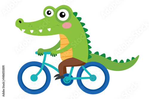 Cheerful cartoon alligator smiles widely while riding a cute blue bicycle across a white background