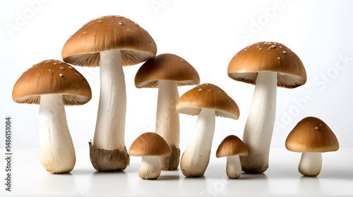 Gourmet porcini mushrooms: a pristine white background highlights their elegant, isolated forms.