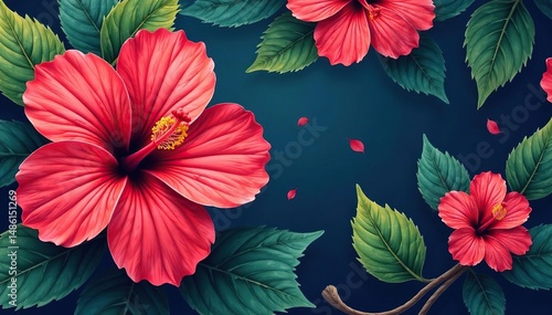 Bold hibiscus print, bold colors, repeating design , nature, orange, bold