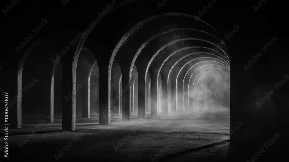 Obraz premium Long, dark tunnel with a foggy mist. The tunnel is empty and the only light is coming from the fog