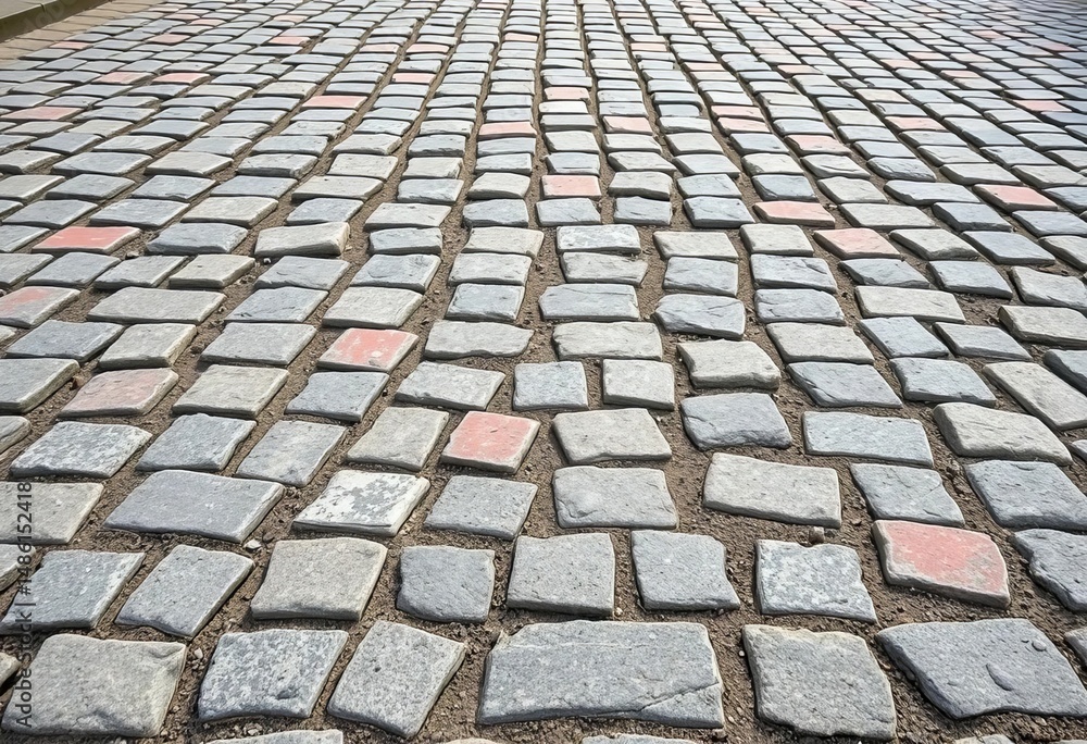 Fototapeta premium Abstract perspective of aged cobblestone pavement, textured stone surface, road, design