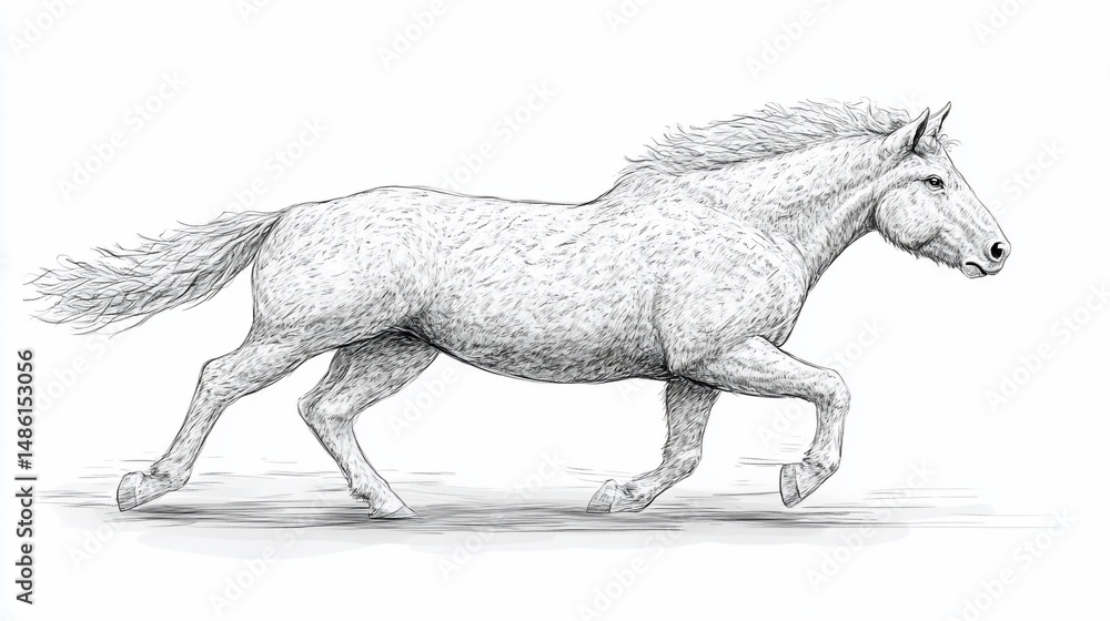 Fototapeta premium A grayscale drawing of a horse galloping to the right with detailed fur texture