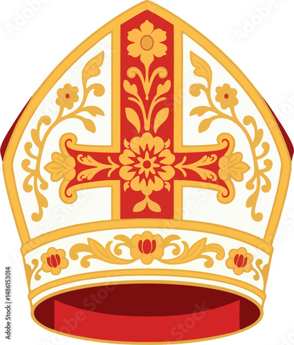 Flat Vector Illustration of Papal Mitre with Gold Cross and Floral Embellishments – Catholic Bishop Hat Clipart for Religious and Ecclesiastical Designs