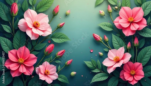 Delicate blooming flowers, lush leaves, continuous pattern, bloom, illustration, botanical texture