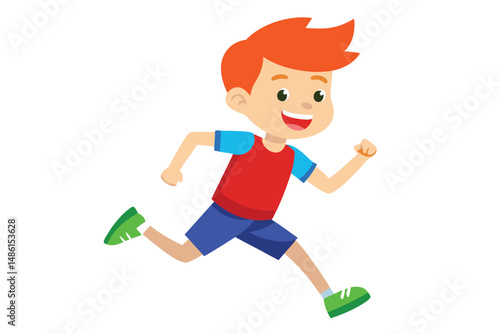 Cheerful redhead boy is joyfully running with energy, showing his athletic side