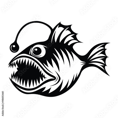 Black Anglerfish with Sharp Teeth and Lure Deep Sea Predator, Monochrome Silhouette