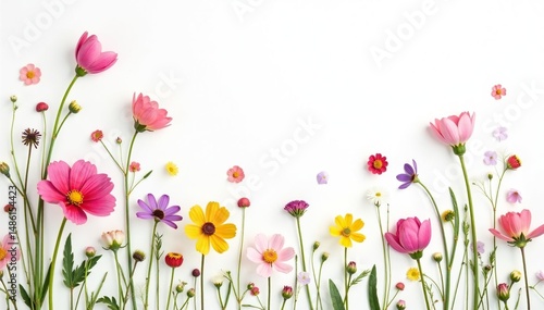 Delicate, scattered wildflowers on white background, tiny, pretty