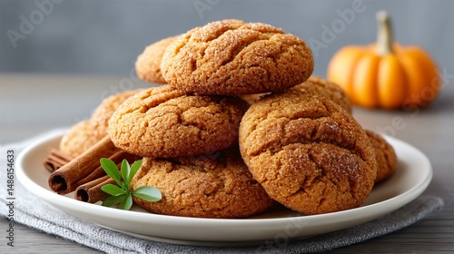 Fototapeta Naklejka Na Ścianę i Meble -  A selection of gluten-free pumpkin spice cookies with oats and warm spices, styled on a white plate with a small pumpkin and cinnamon sticks for seasonal autumn vibes