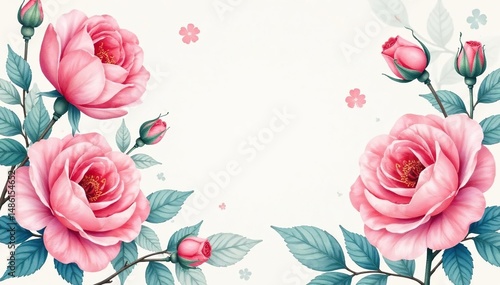 Delicate watercolor roses & leaves, soft pastel hues, home decor, texture, wall