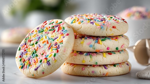 Colorful confetti sprinkle cookies with soft pastel dough and rainbow nonpareils baked into the surface, presented in a neat row on a white tabletop with a piping bag in the background